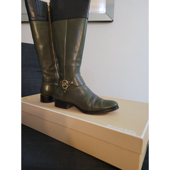 MICHAEL KORS Shoes - Michael Kors Fulton Harness MK Logo Color Loden Riding Knee Boots Shoes 8 LEATHE